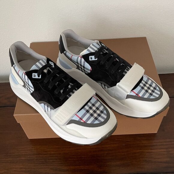 BURBERRY Men's Ramsey Blue Check Low-Top leather, suede, cloth Trainer Sneakers - Picture 5 of 15